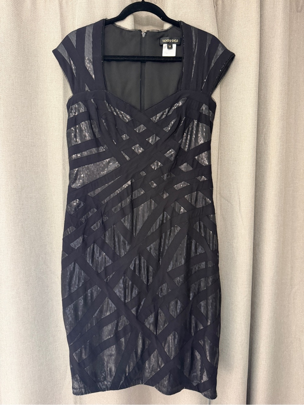 Black sequin formal Dress with Geometric Overlay